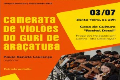 Casa da Cultura recebe apresentação gratuita da Camerata de Violões do GURI de Araçatuba